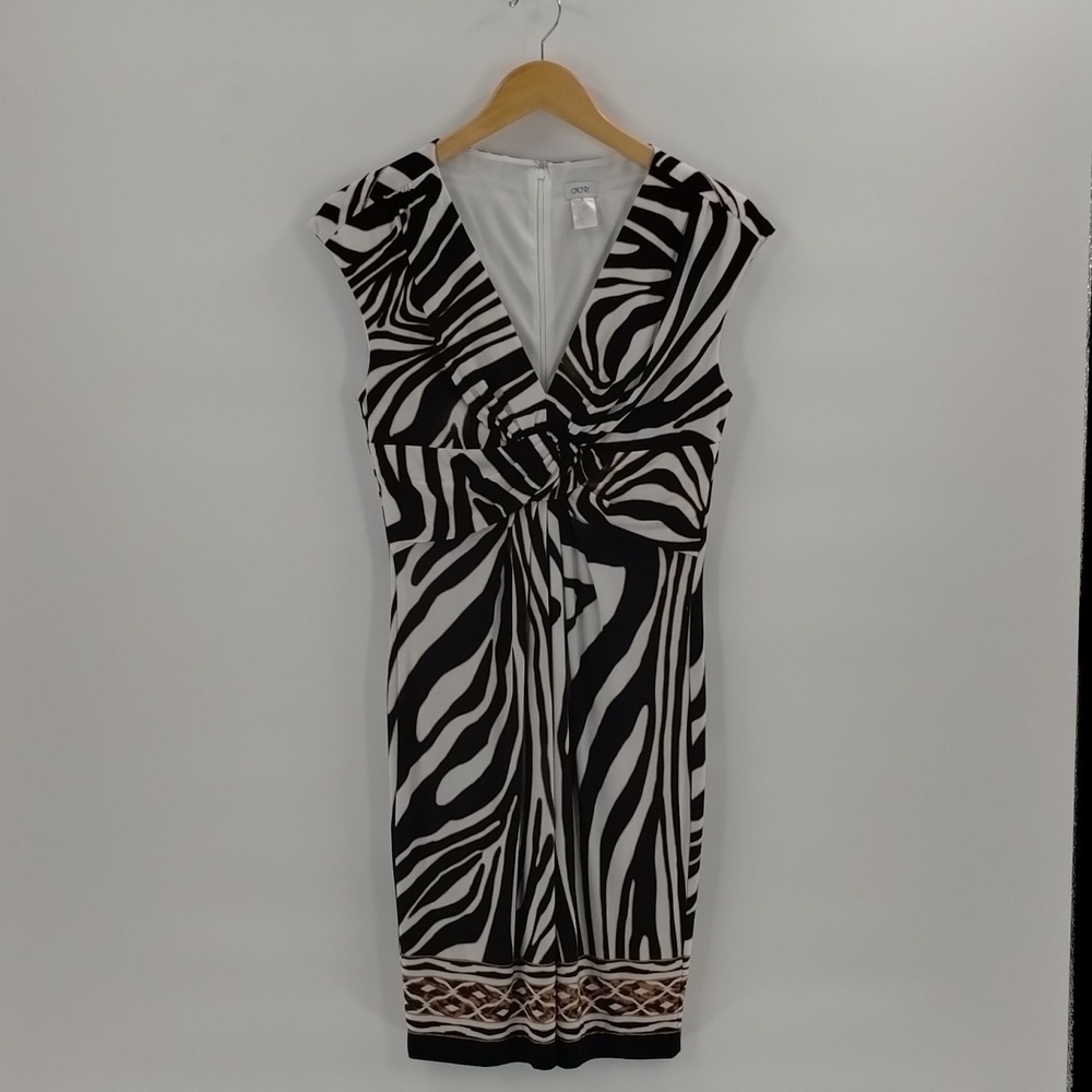 Caché zebra black gold white dress Size 8 sleeveless lined vintage cache